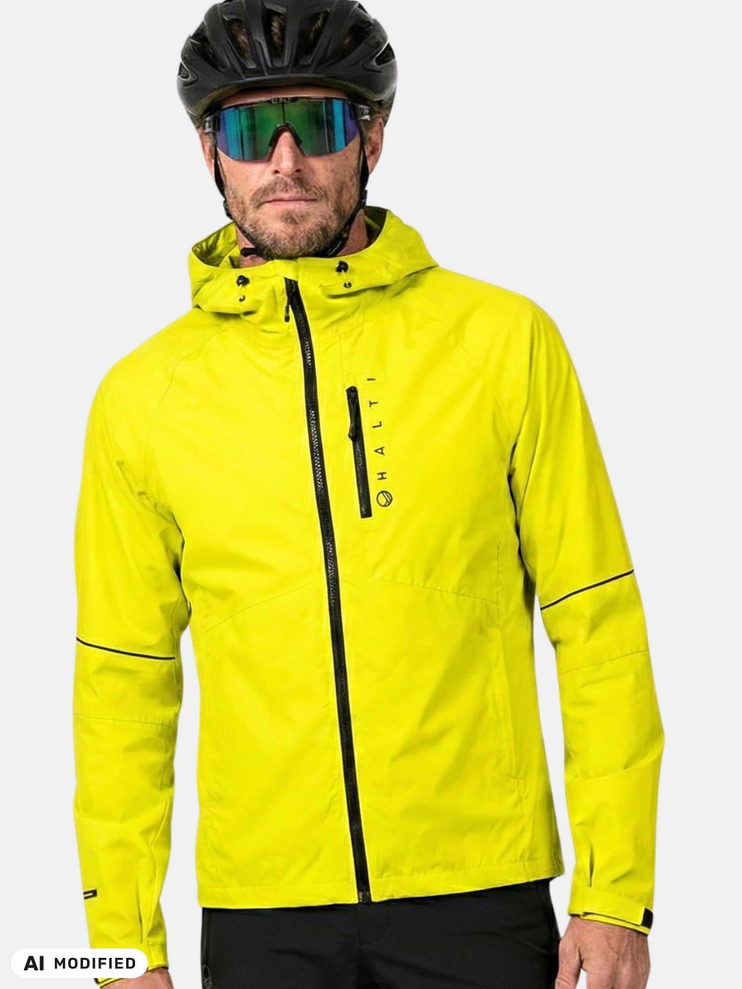 Man in Halti Shelter Stormwall 3L Jacket, black helmet, and sunglasses stands against a plain light background.