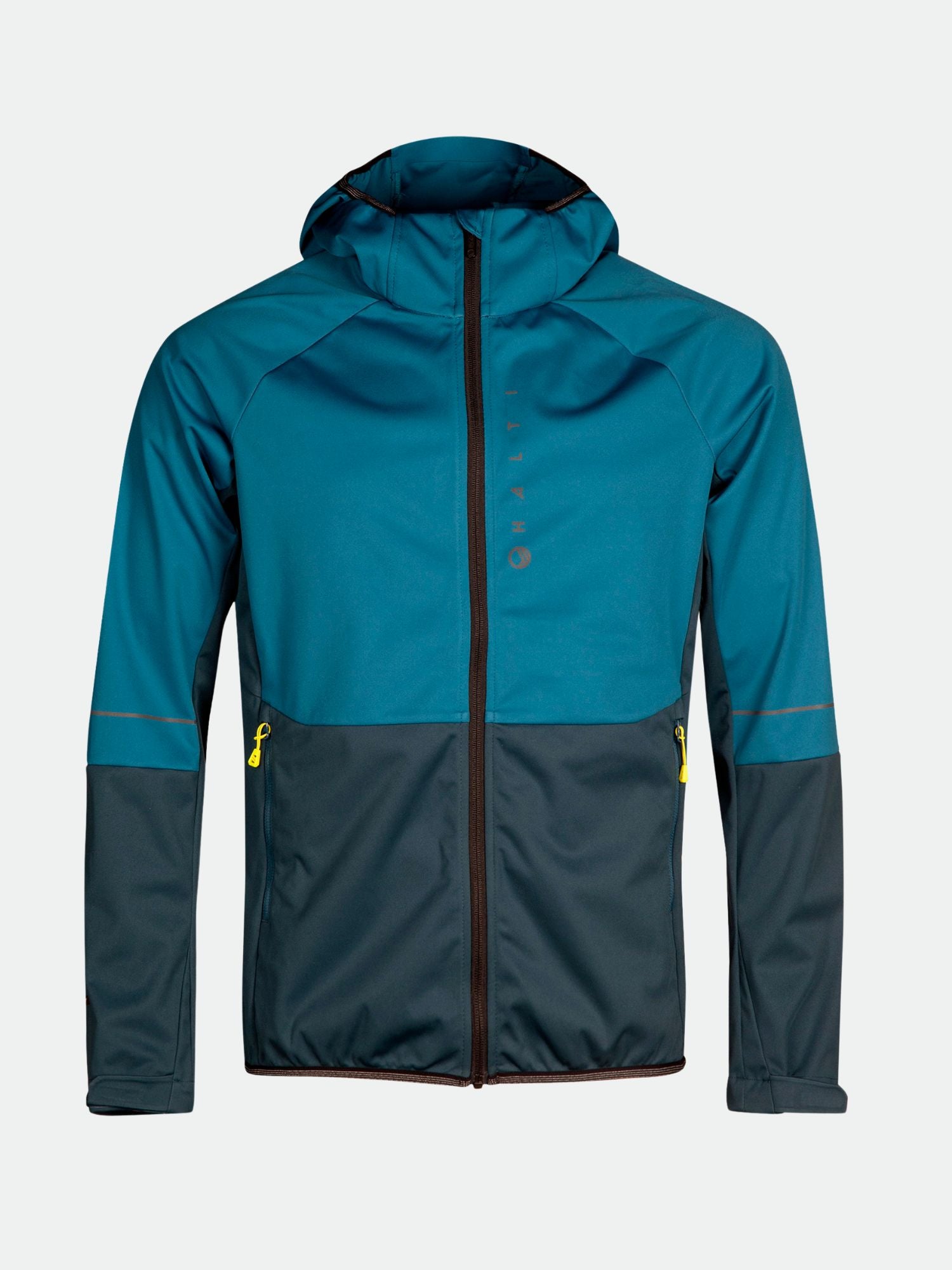Halti Exhale Stormwall Jacket Men's in teal/dark gray with yellow zip pockets and reflective details, shown on white background.