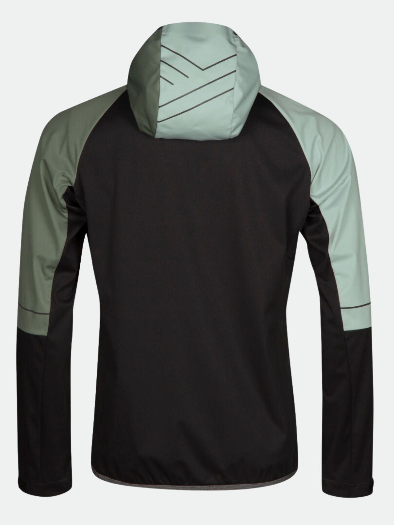 Halti Exhale Stormwall Jacket Men's in light green and black, featuring a hood and back panel, shown from the rear.