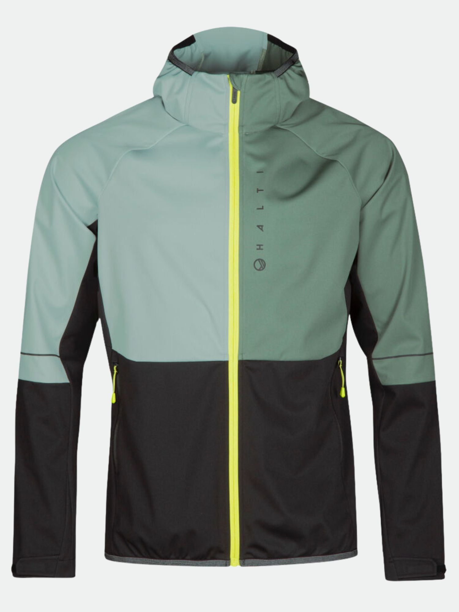 Halti Exhale Stormwall Jacket Men's—two-tone cycling jacket with yellow front zipper, subtle reflective details.