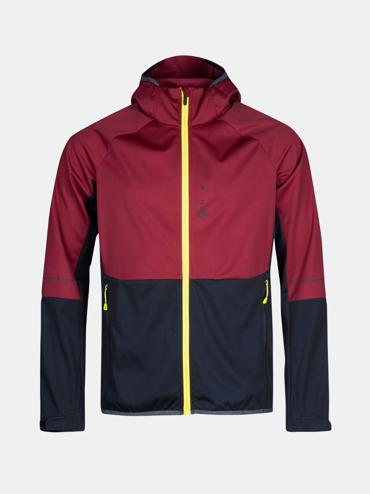 Halti Exhale Stormwall Jacket Men's: maroon/black, yellow zip, hood, reflective details—ideal cycling softshell.