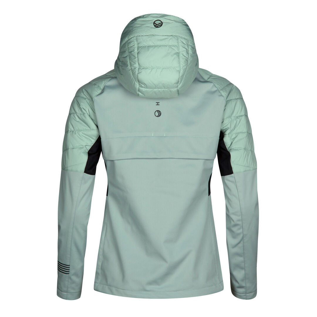 A light green Halti Hanki XCT Jacket Womens Plus is shown from the back with black accents and a windproof Stormwall® membrane.