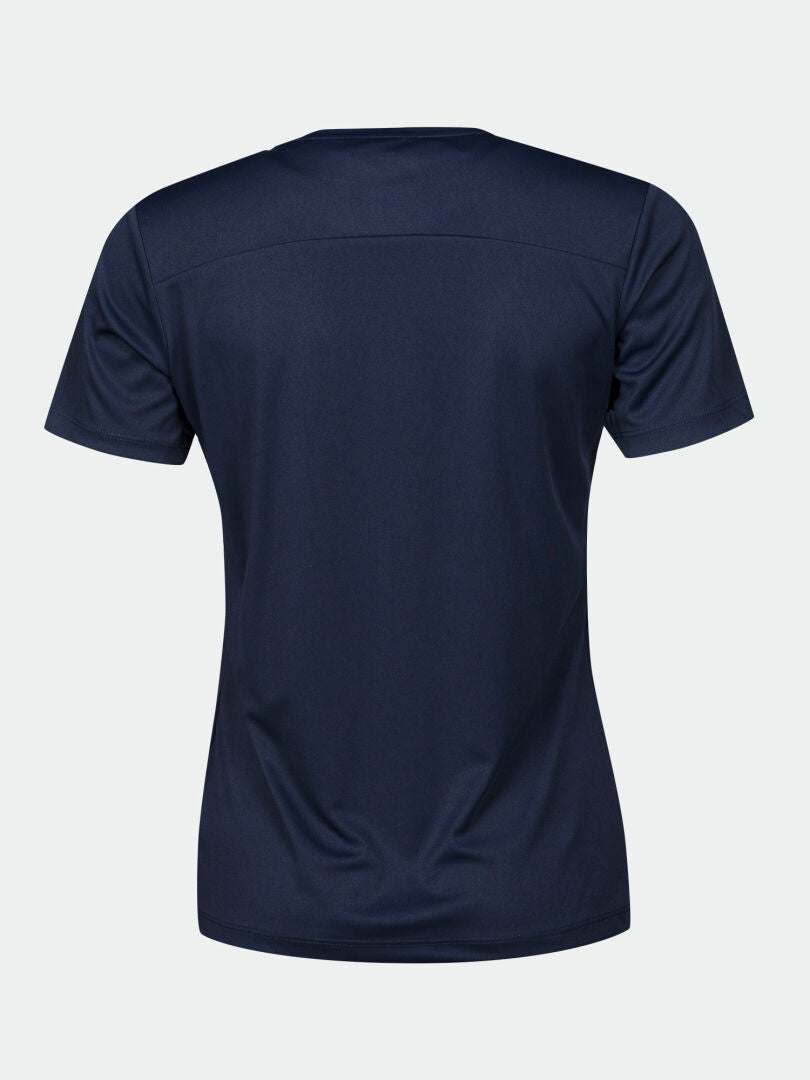 The Halti Salves T-Shirt Women's, a dark blue technical tee, is shown from the back against a light background.