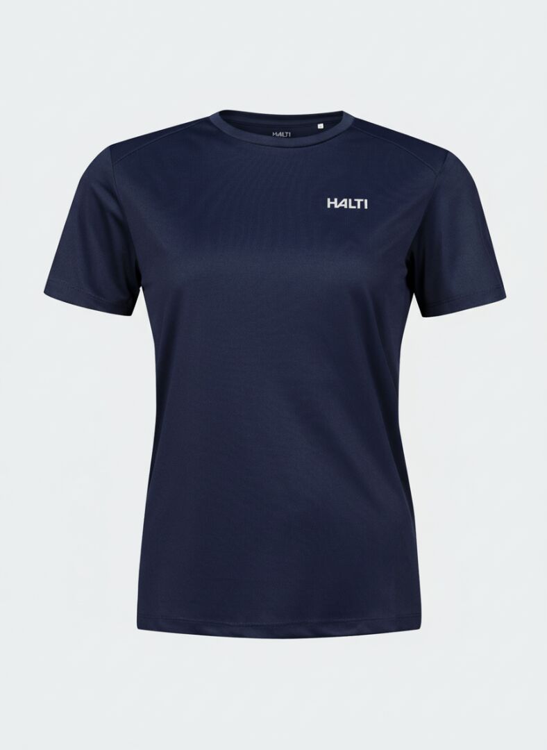 The Halti Salves T-Shirt Women's is a navy blue tee with a white logo—perfect for breathable workouts.