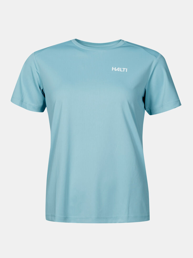 Salves T-Shirt Women's by Halti—light blue technical crew neck with white Halti logo on upper left chest.