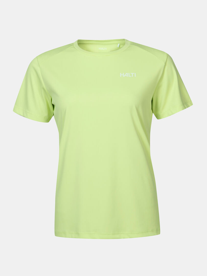 The Halti Salves Women's T-Shirt is light green, features a crew neck, breathable fabric, and a logo on the left chest.