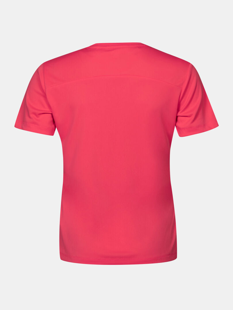 Back view of Halti Salves T-Shirt Women's in pink, a breathable workout shirt, shown on a white background.