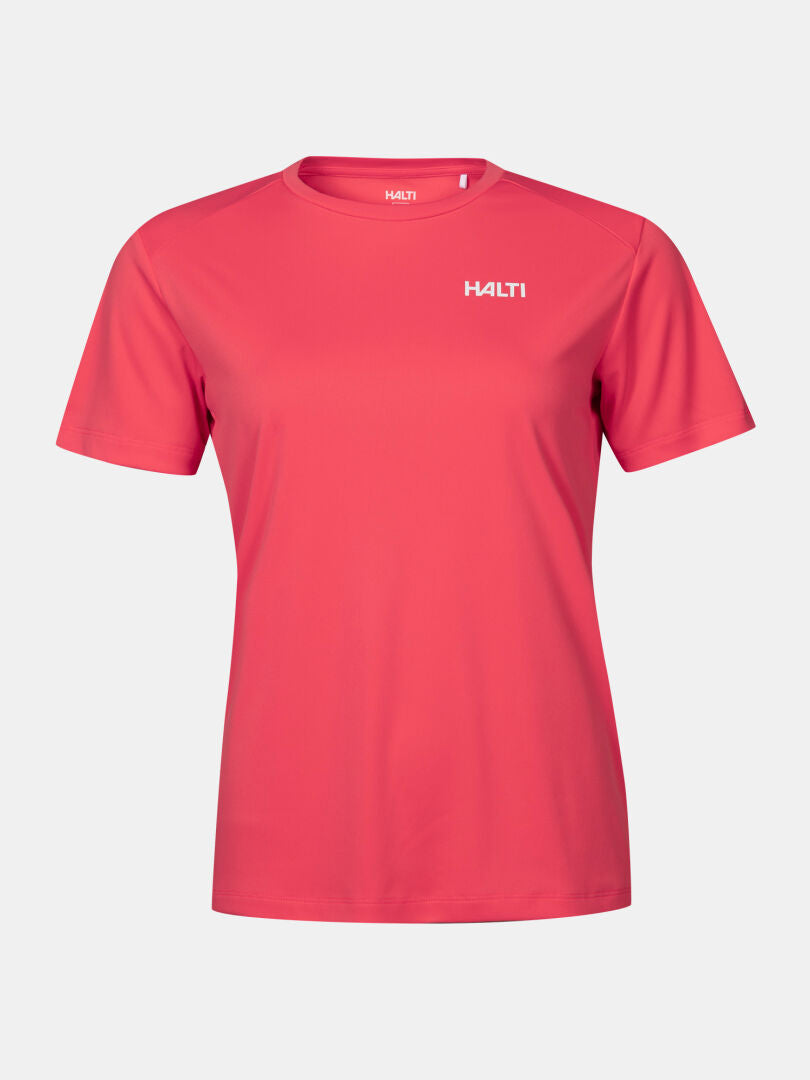 The Salves T-Shirt Women's by Halti is a pink, short-sleeve crew neck made from recycled polyester with a white logo.