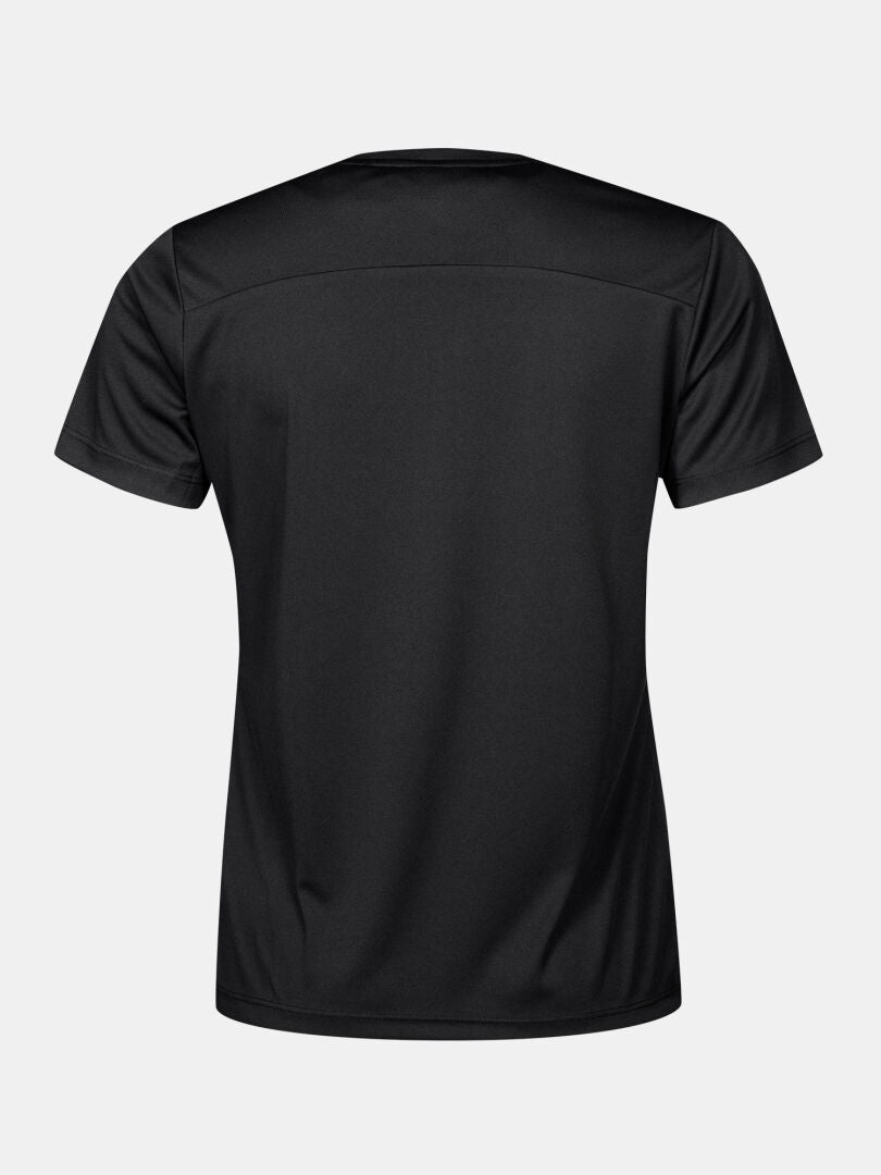 Back view of Halti Salves T-Shirt Women's in black, a breathable workout top, displayed on a light gray background.