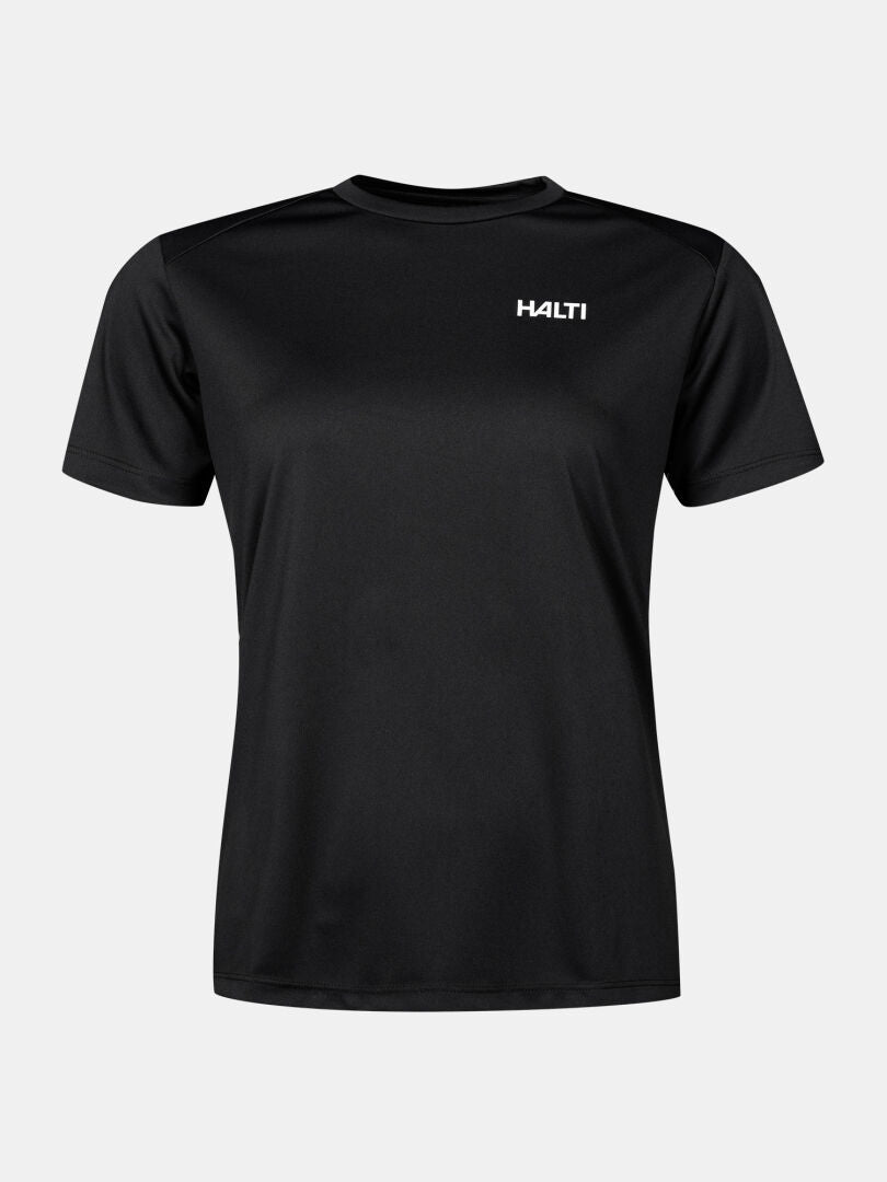The Halti Salves T-Shirt Women's is black, short-sleeved, and features a small white