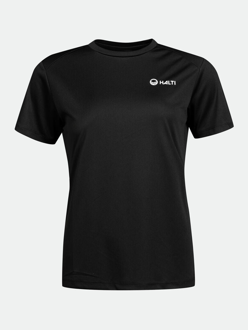 The Halti Salves T-Shirt Womens is a black tech tee with a small white logo, ideal for outdoor activities.