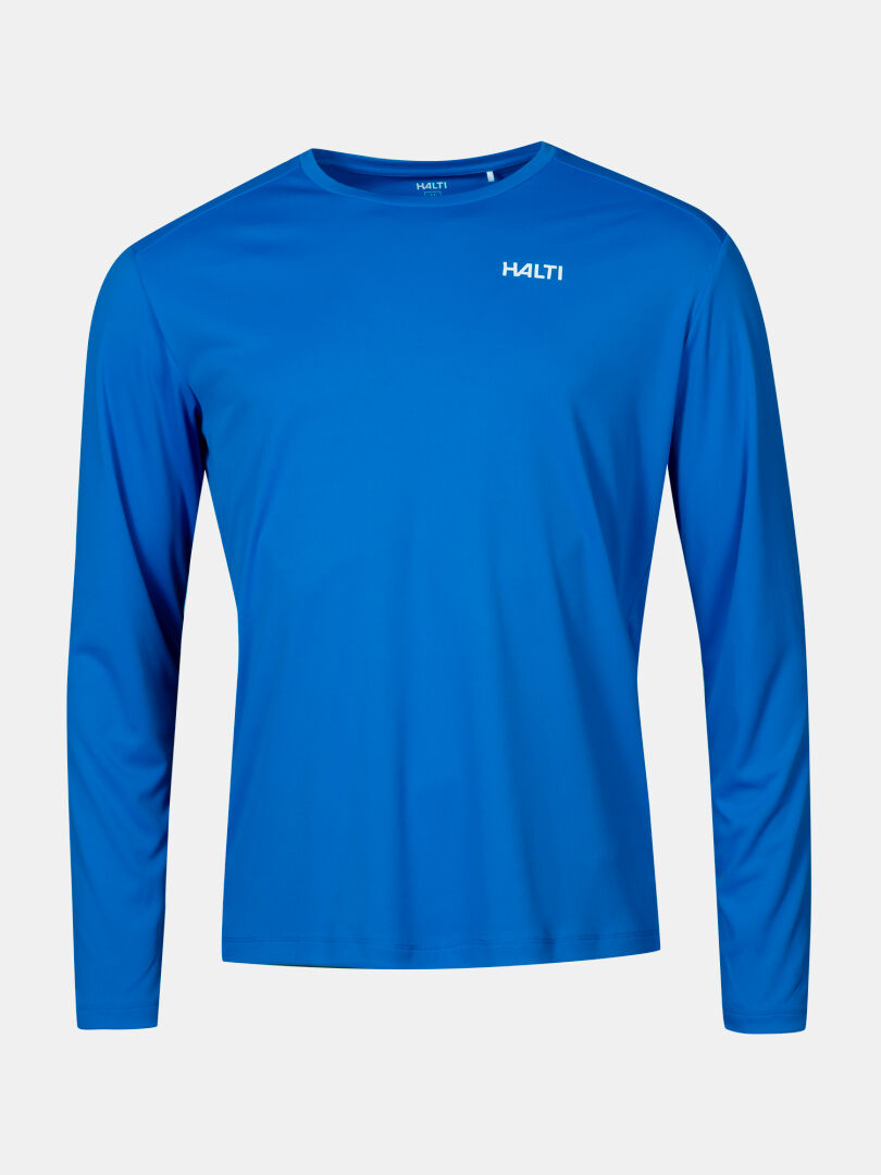 The Salves Training Shirt Men's by Halti is a blue, long-sleeve, breathable crew neck with the logo on the chest.