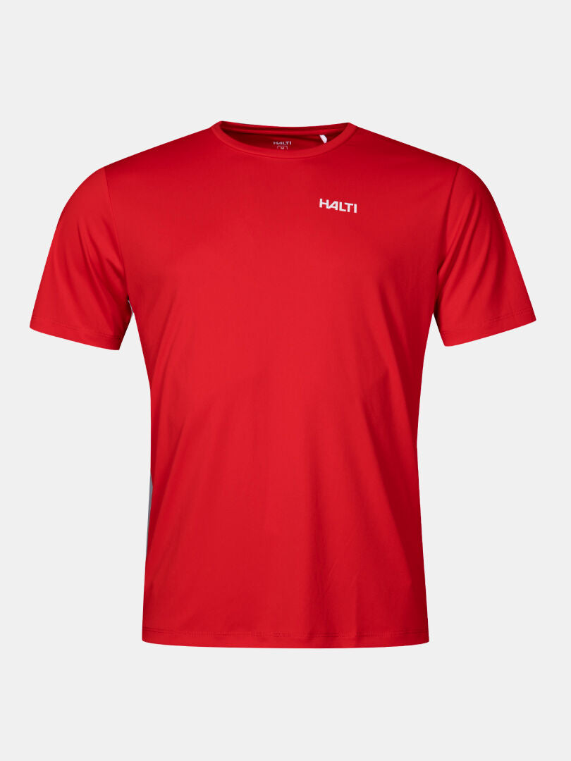 The Halti Salves T-shirt Men's is a plain red crew neck with a small white logo on the left chest.