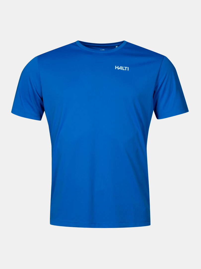 The Halti Salves T-shirt Men's is a blue technical tee made from recycled polyester with a white Halti logo on the chest.