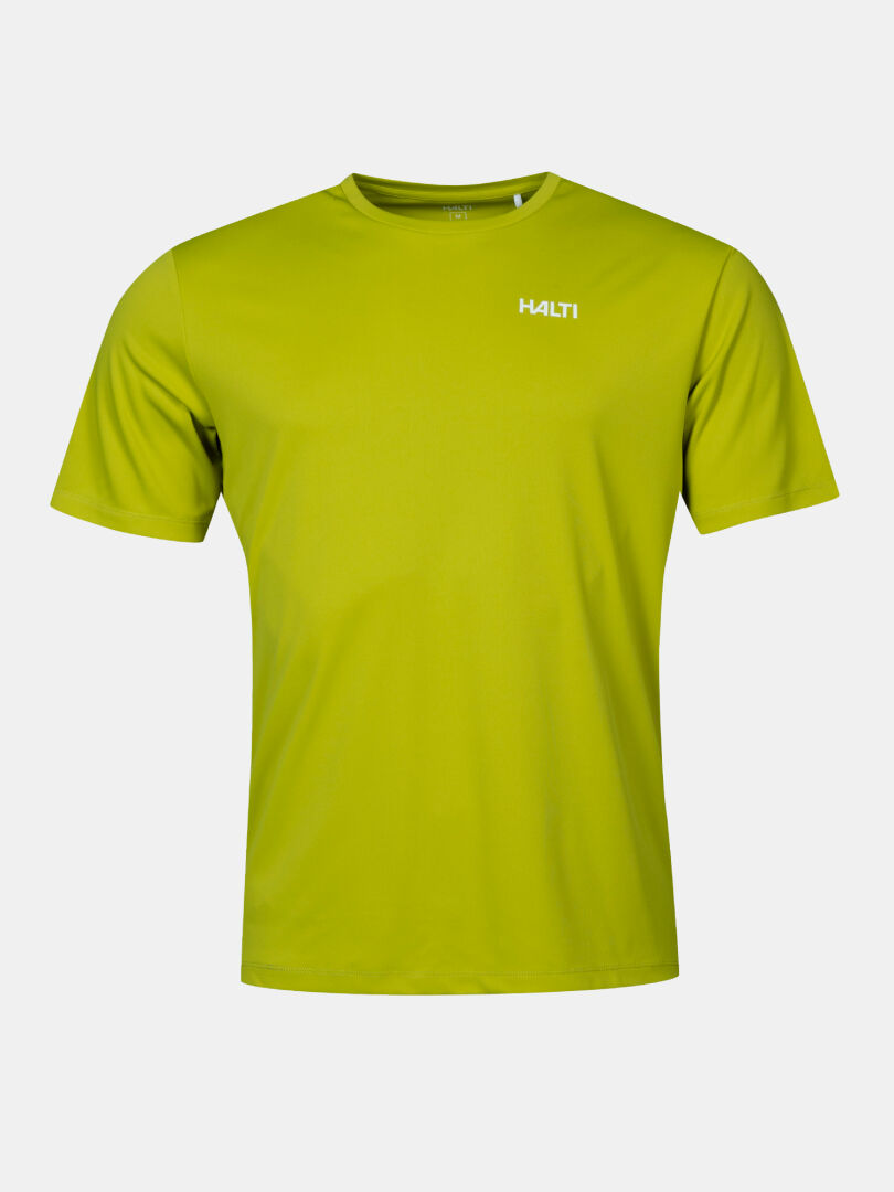 The Halti Salves Men's T-shirt is short-sleeved, lime green, and features a white Halti logo on the left chest.