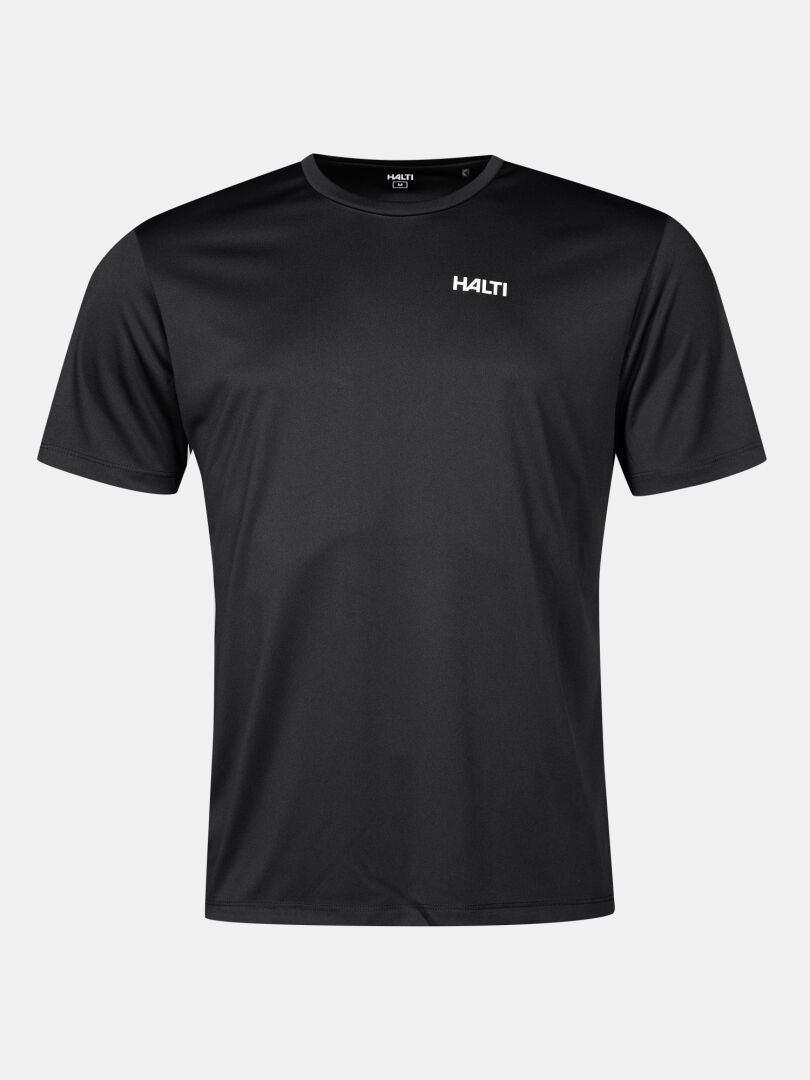 Halti Salves T-shirt Men's: black short-sleeve activewear with white logo, made from recycled polyester.