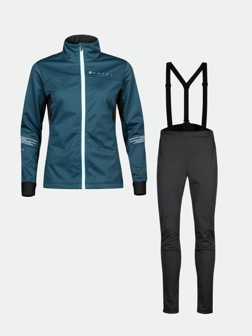 The Halti Siide XC Set Women's combines a blue windproof jacket and black bib tights, ideal for cross-country skiing.