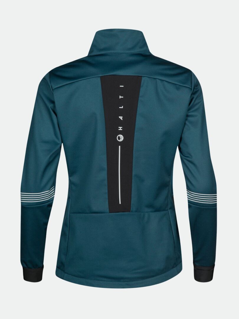A teal Halti Siide XC Set Women's jacket shown from the back with black and white details and vertical Halti branding.