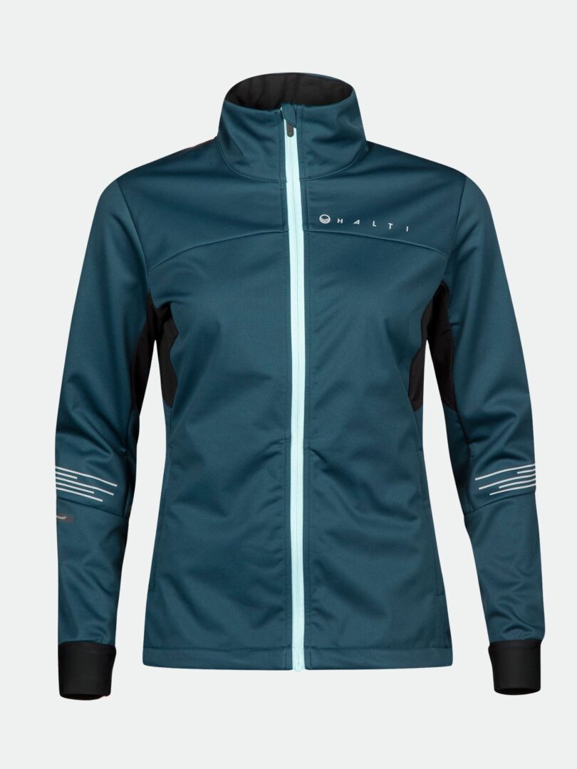 The Halti Siide XC Set Women's is a teal and black windproof, breathable jacket with a light blue zipper and reflective stripes.