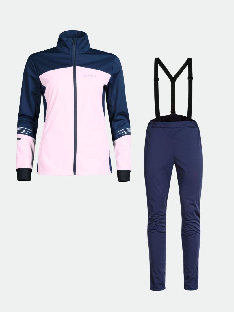 Halti Siide XC Set Women's: windproof, breathable pink and navy softshell ski suit, jacket and pants shown on plain background.