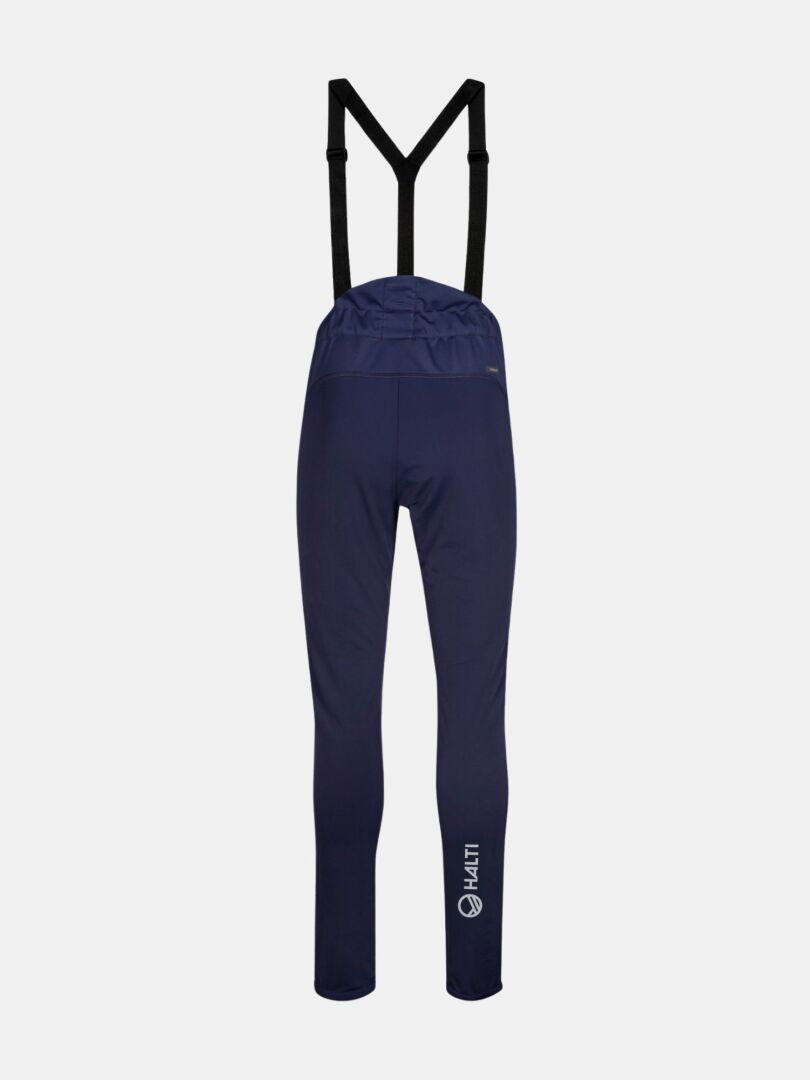 Halti Siide XC Set Women's: navy bib pants with black suspenders, white logo—ideal cross-country ski suit, rear view.