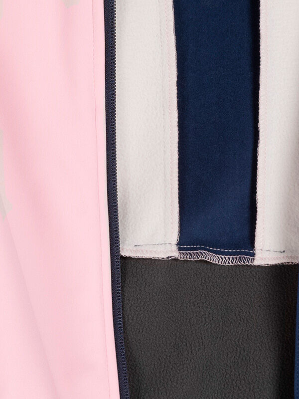 Close-up of Halti Siide XC Set Women's windproof breathable jacket with pink, white, navy, and dark gray panels.