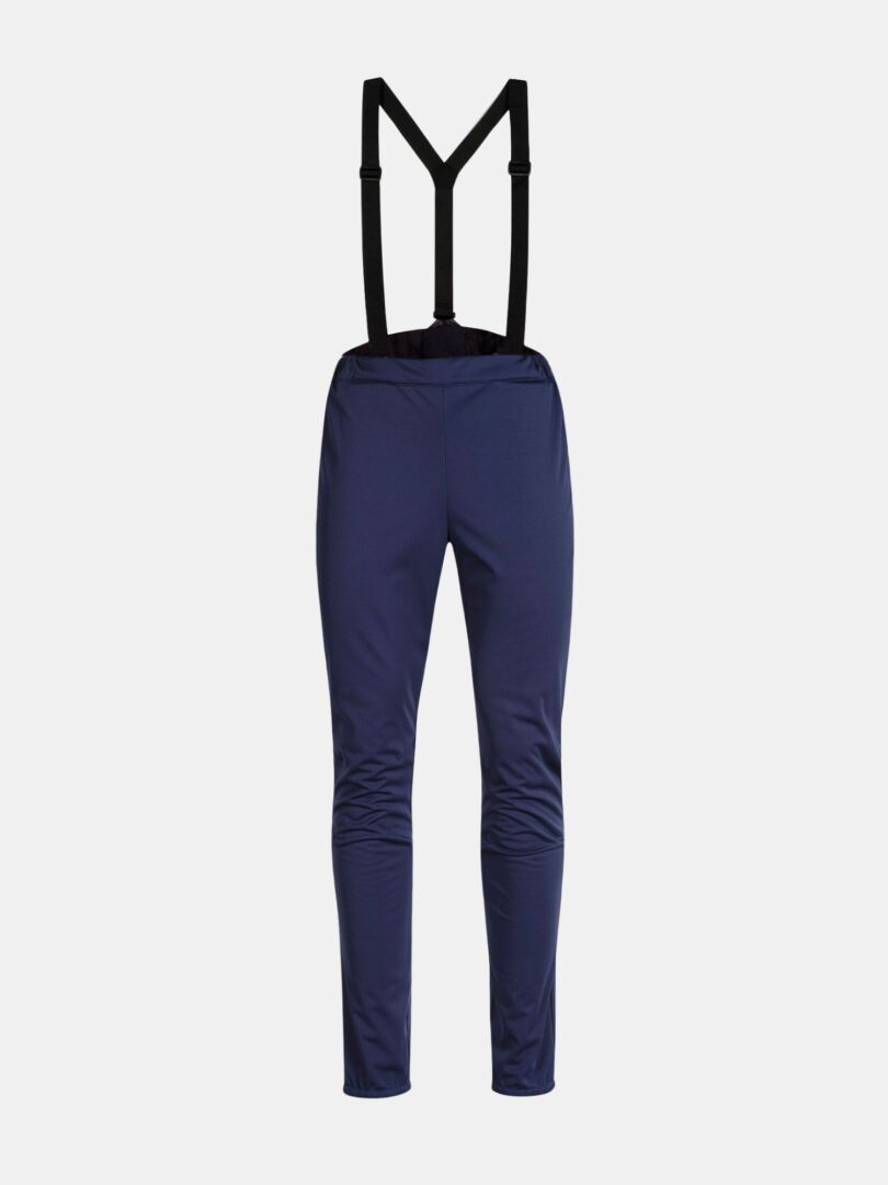 Halti Siide XC Set Women's: navy blue pants with black suspenders, styled as a winter running suit on light gray.