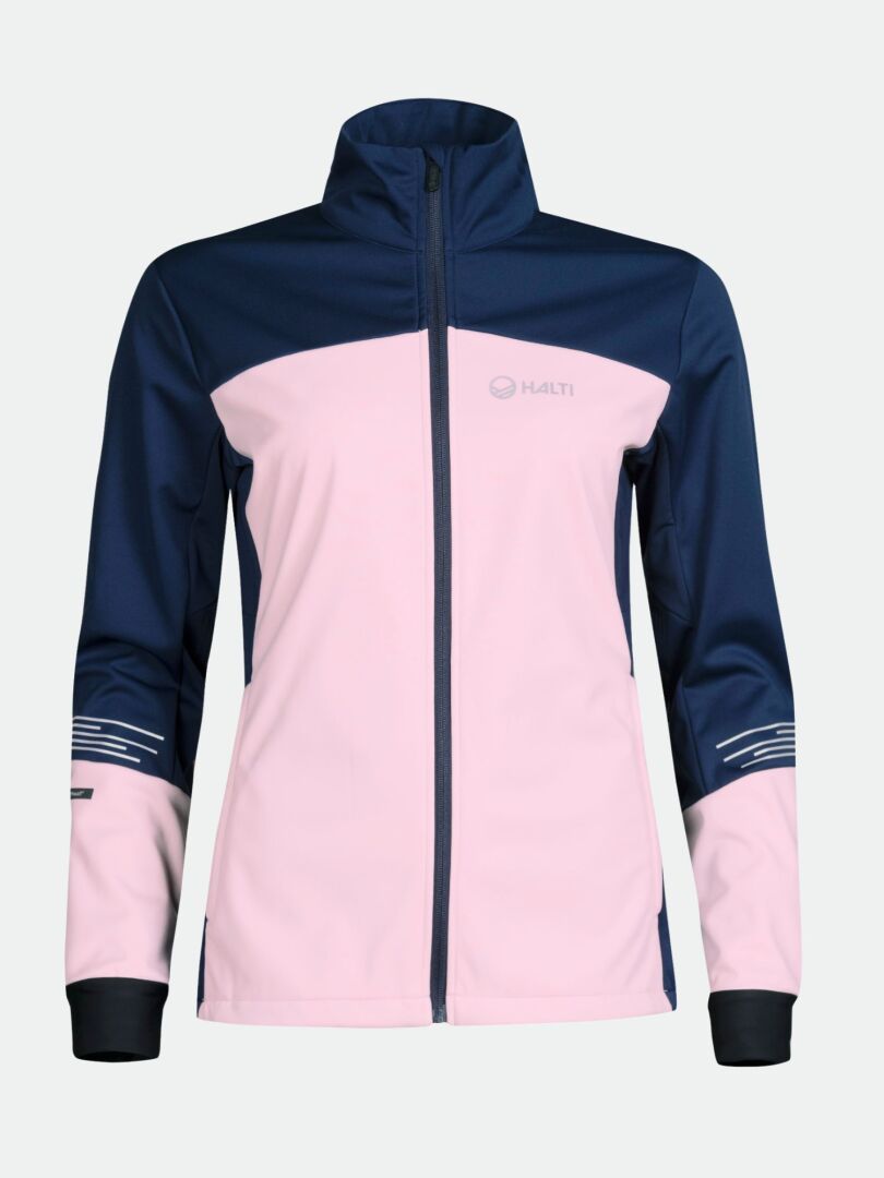 The Halti Siide XC Set Women's is a windproof, breathable jacket with navy sleeves and light pink front for winter sports.