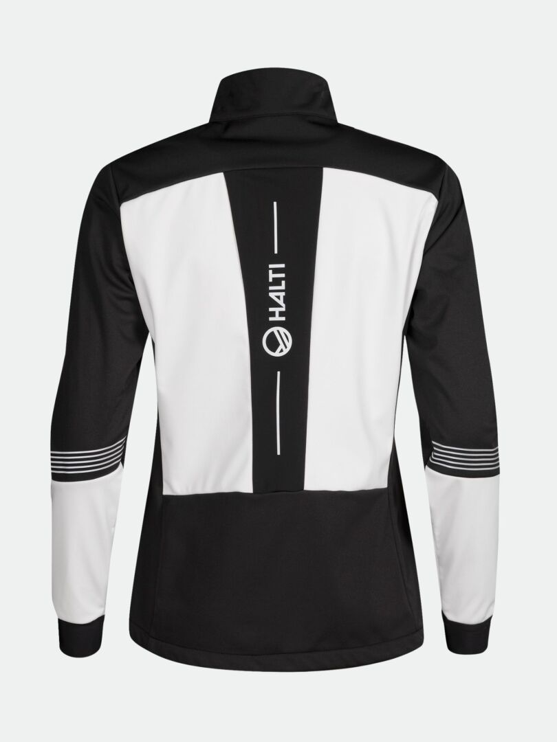The Siide XC Set Women's windproof softshell jacket by Halti has a high collar, stripes on the sleeves, and is shown from the back.