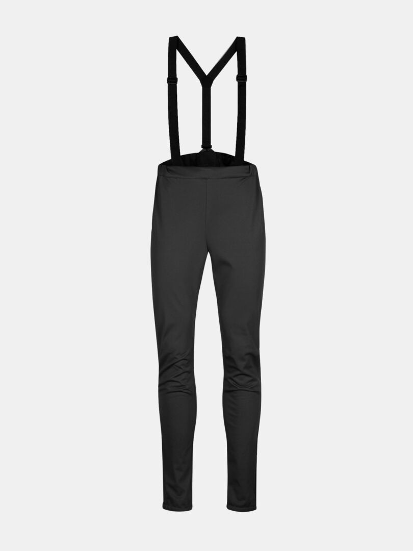 Halti Siide XC Set Women's black full-length pants with suspenders, perfect for cross-country skiing, on gray background.