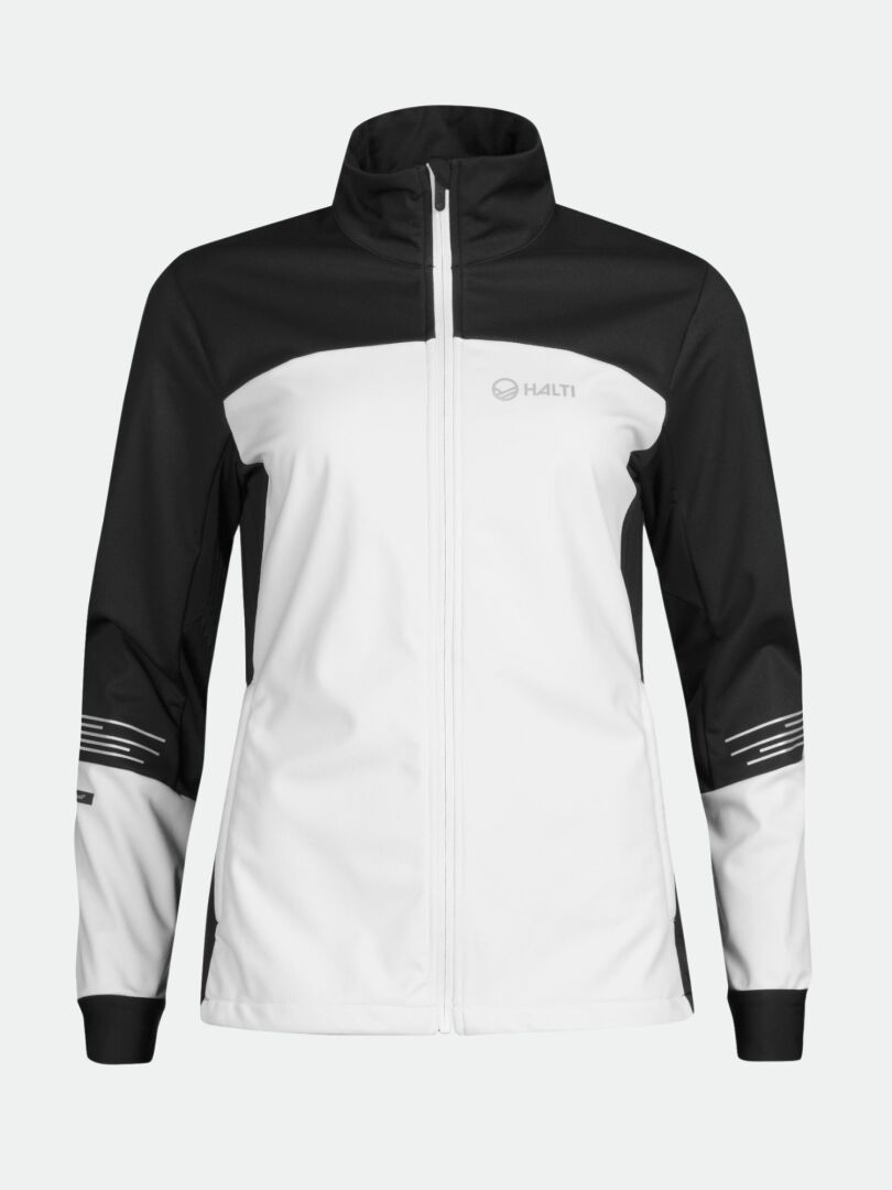 The Halti Siide XC Set Women's jacket is windproof, black and white, with long sleeves, side pockets, and a chest logo.
