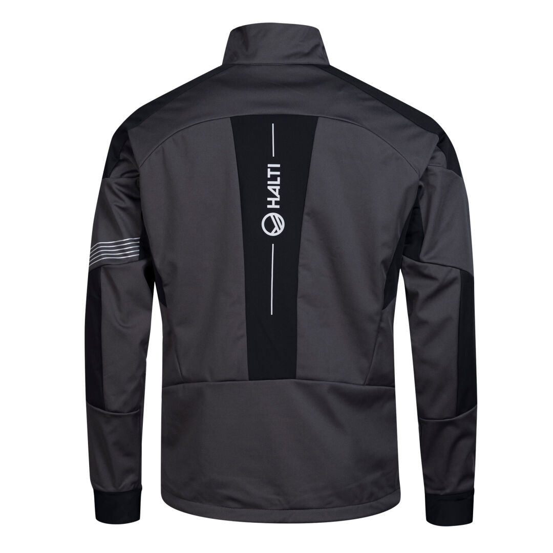 Halti Hyyde XC Set Mens: Dark gray Stormwall® jacket with black panels, HALTI on back—ideal for active multisport use.