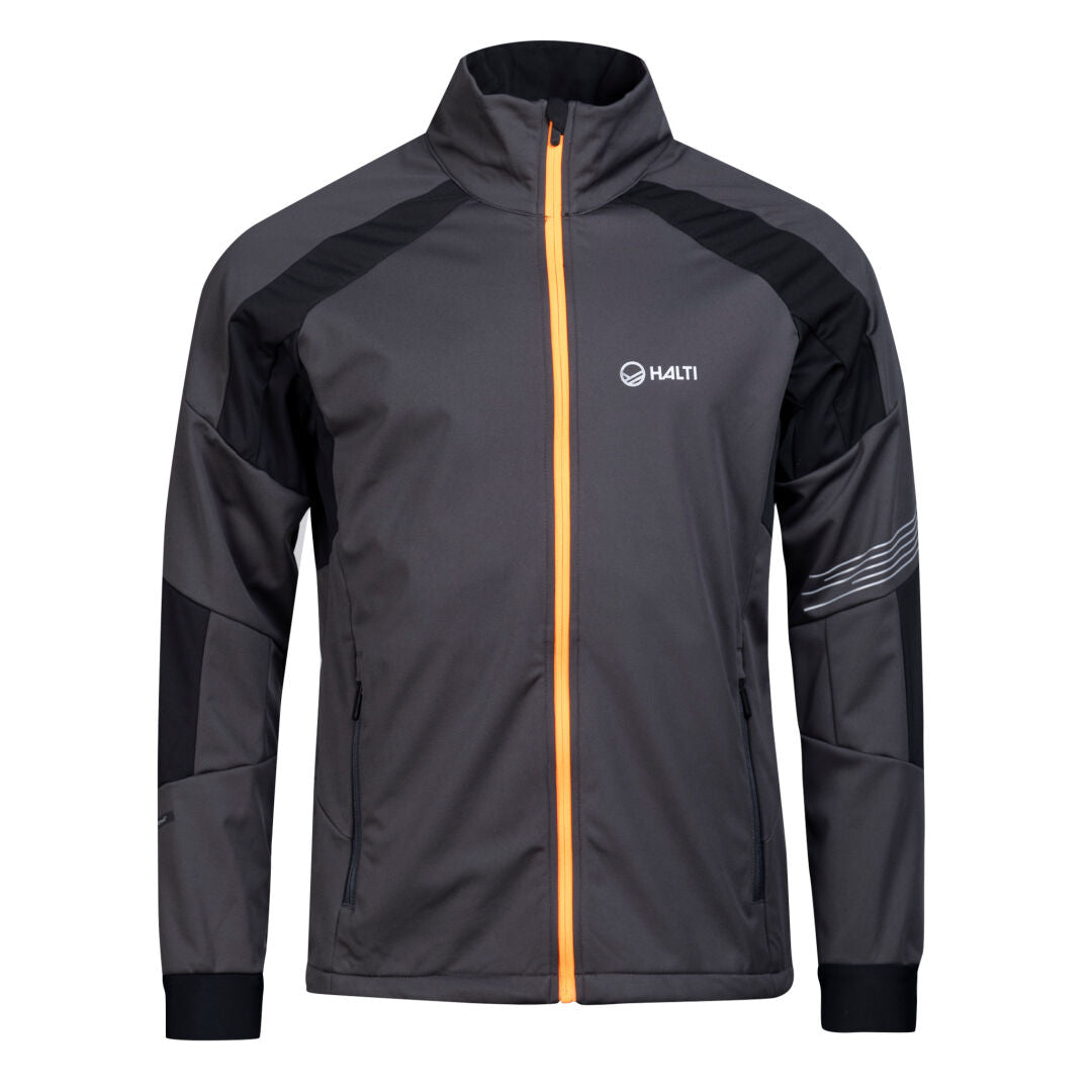 Halti Hyyde XC Set Mens dark gray zip-up Stormwall® jacket with black accents, orange zipper, logo front-facing.