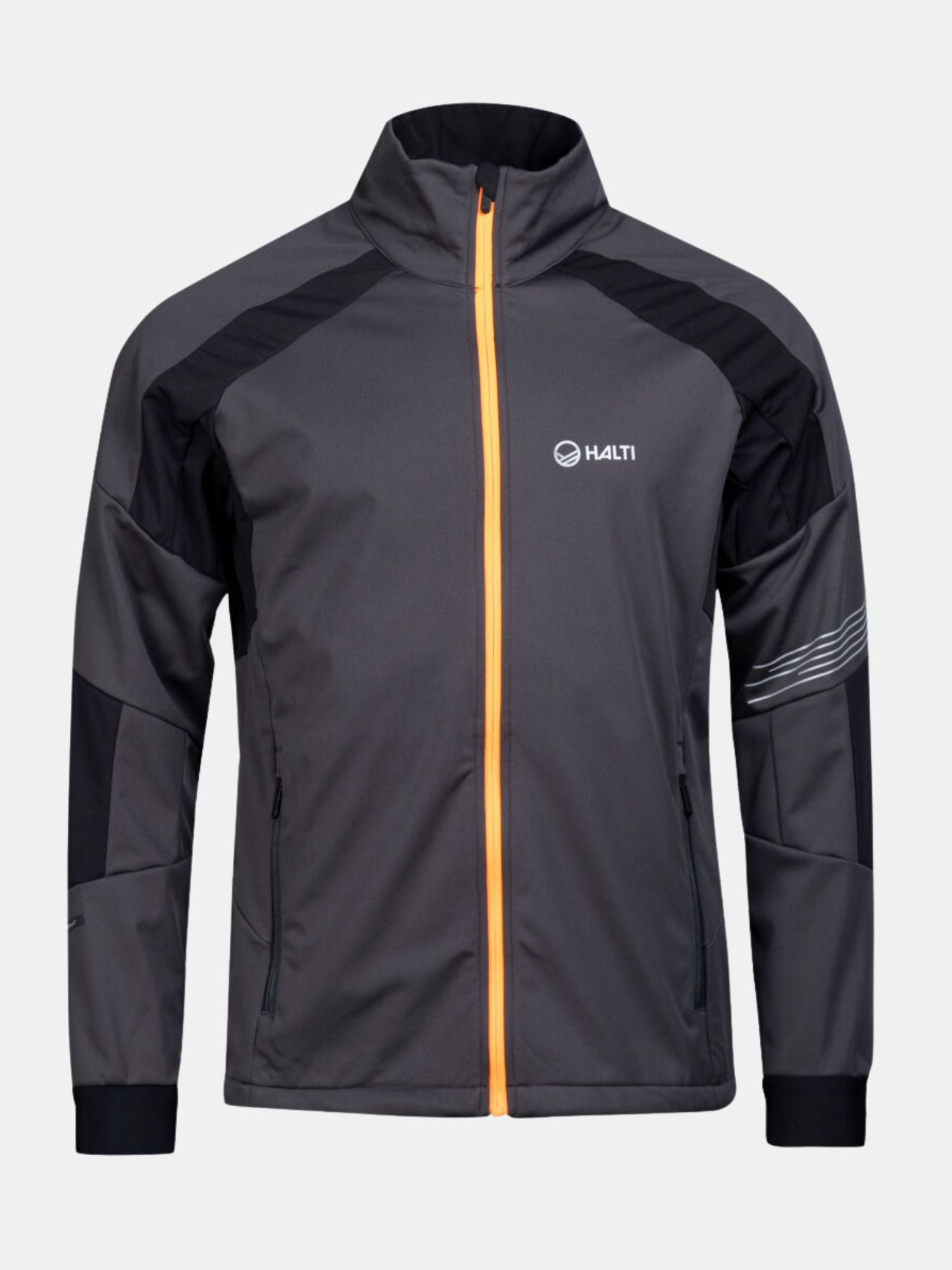Halti Hyyde XC Set Men's: Gray/black softshell jacket with orange zipper, ideal for winter training or XC skiing.