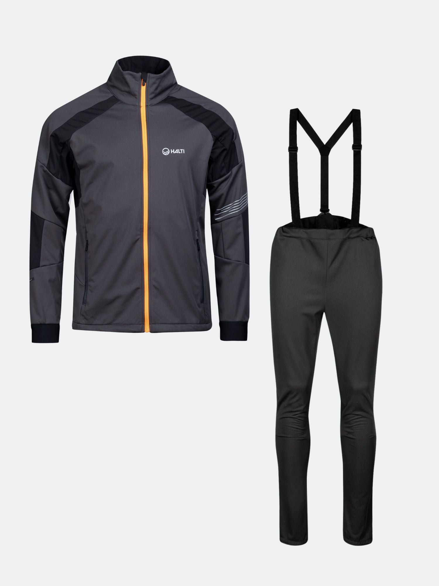 Halti Hyyde XC Set Men's: dark gray softshell with orange zipper, perfect for winter training or XC skiing.