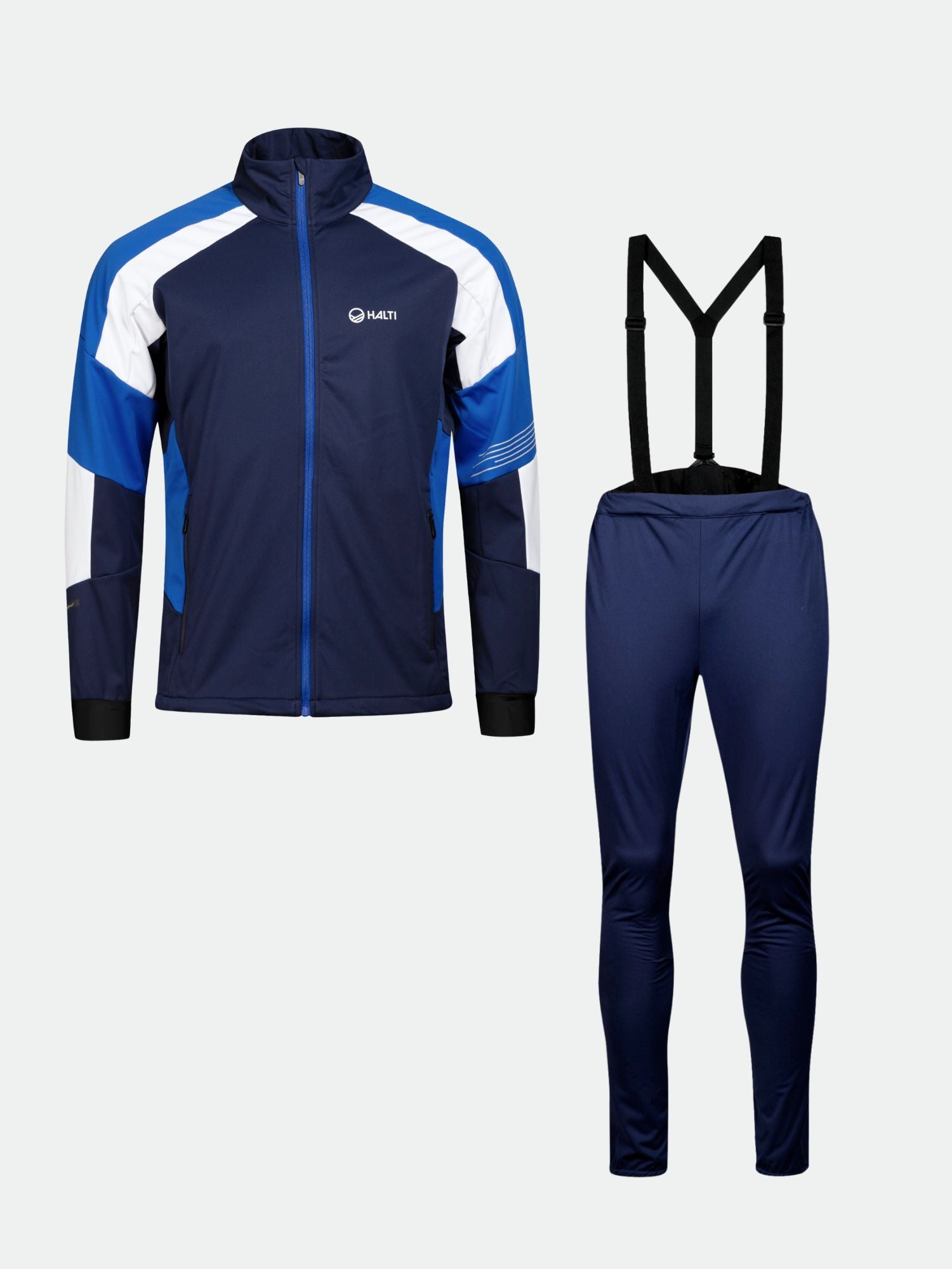 The Halti Hyyde XC Set Men's features navy and white softshell gear with matching pants and black suspenders.