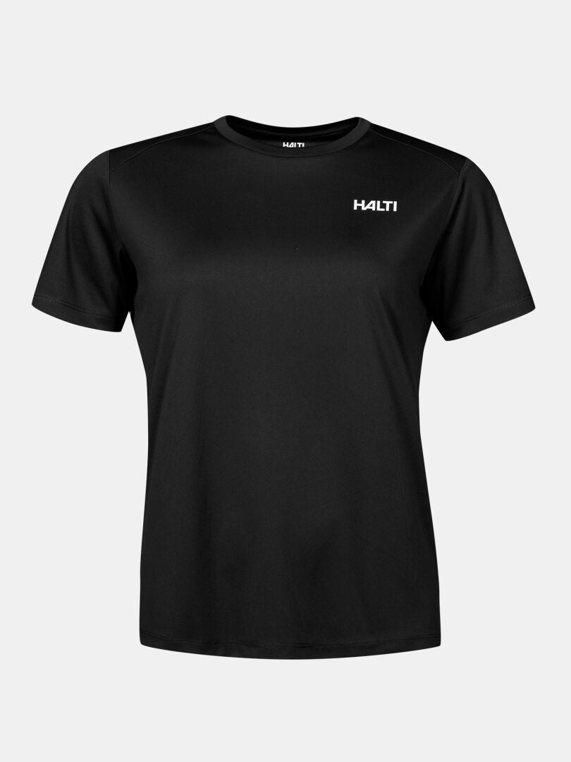 Black short-sleeved lightweight Halti Technical T-shirt Women’s Plus with a white logo on the chest.