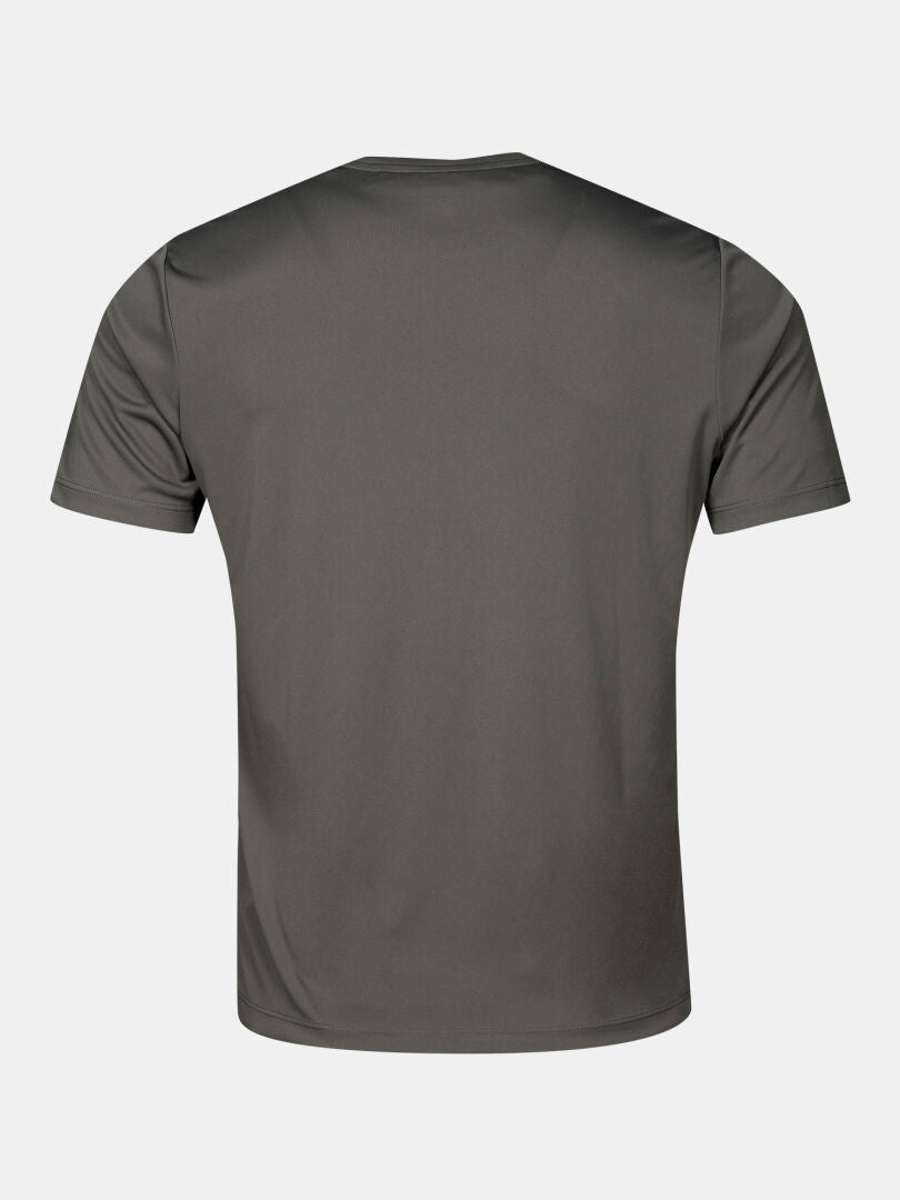 Back view of a gray Halti Technical T-shirt Men’s, a lightweight, moisture-management athletic shirt.
