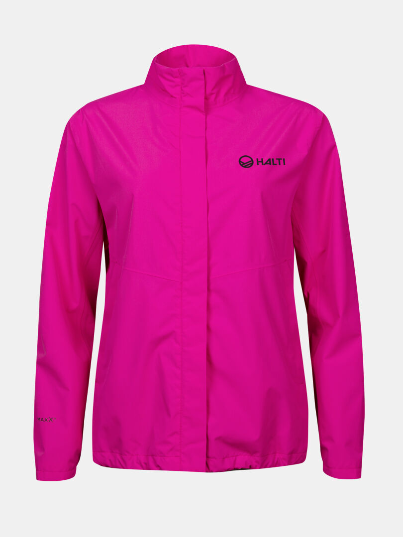Bright pink Halti Triant DX Womens cycling jacket with DrymaxX, long sleeves, high collar, and black chest/sleeve logos.