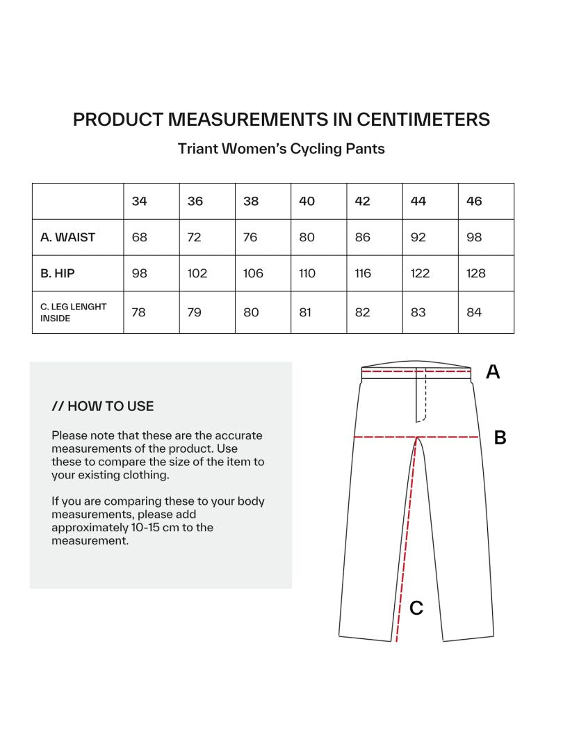 Halti Triant DX Womens Cycling Pants size chart with measurements, diagram, and easy instructions.