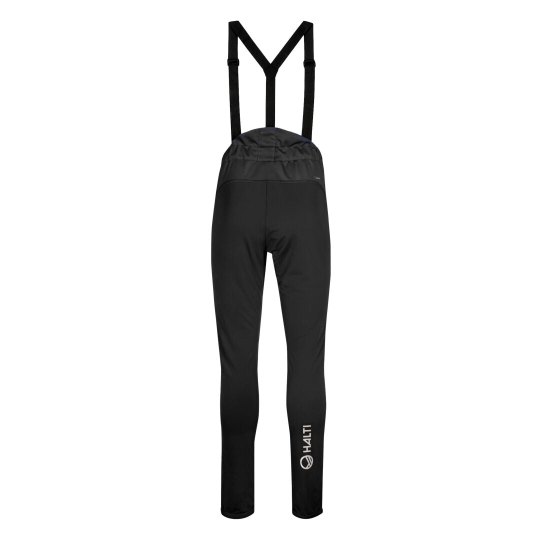 Halti Hyyde XC Set Womens Plus: black high-waist suspender pants, windproof & water-repellent, back view.