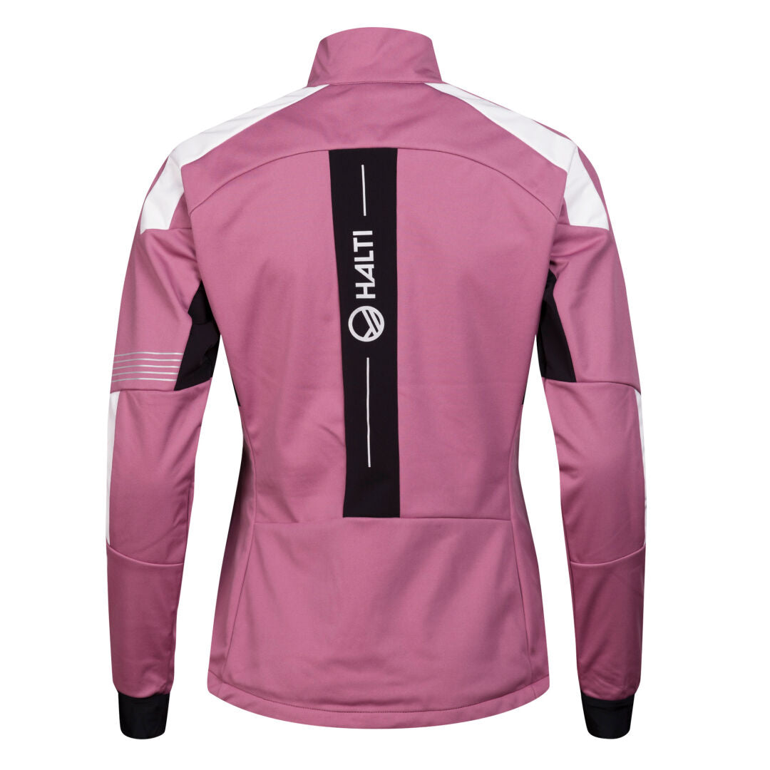 The Halti Hyyde XC Set Womens Plus softshell jacket in pink with white and black accents, shown from the rear.