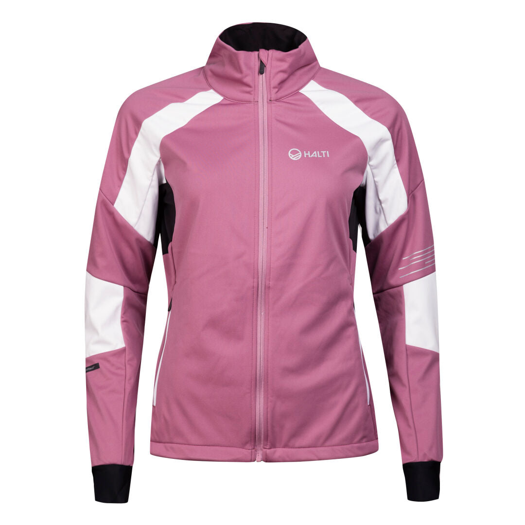 Halti Hyyde XC Set Womens Plus: Pink/white zip-up jacket with black accents, windproof, water-repellent, logo chest.