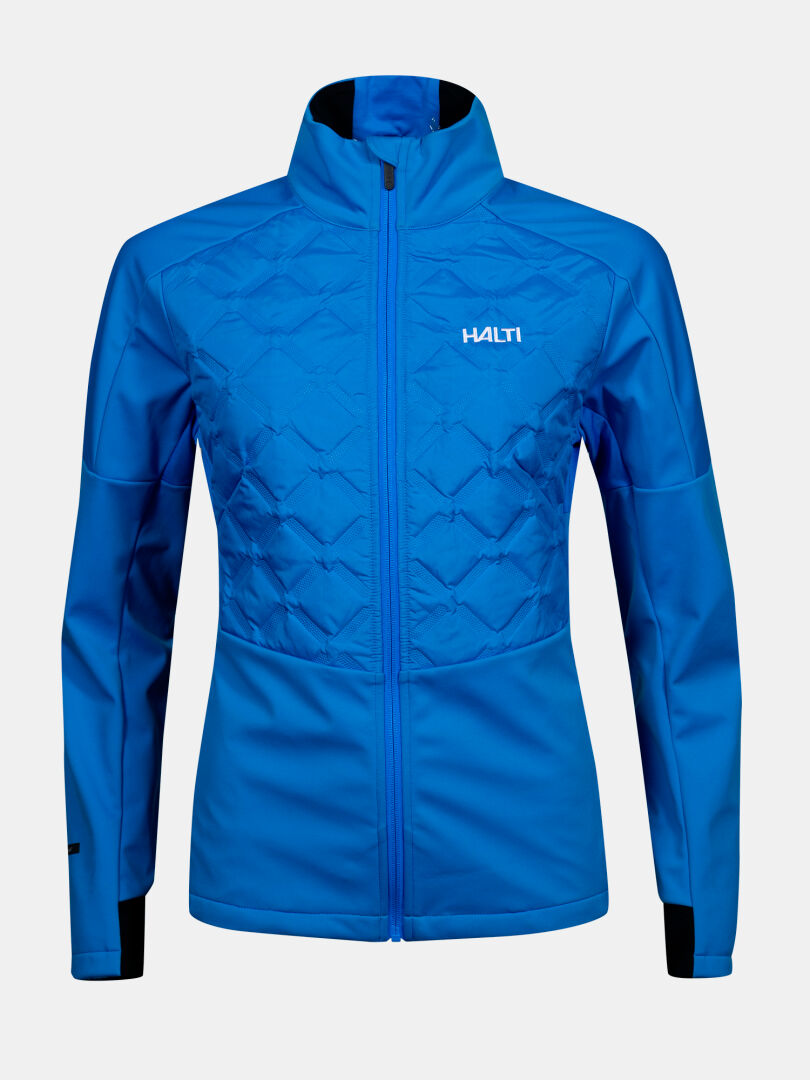 A blue Halti Framover Hybrid XCT women's jacket with quilted chest, black cuffs, and a stand-up collar.