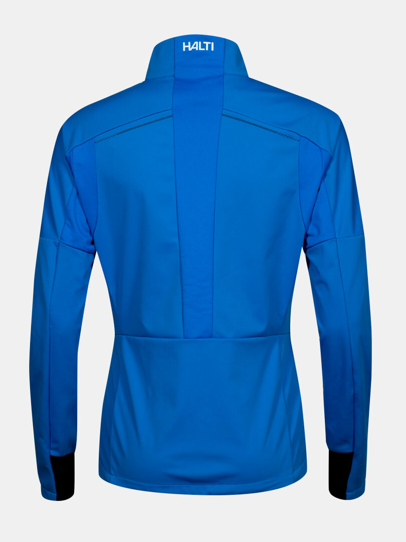 The Halti Framover Hybrid XCT Jacket Women's is windproof, bright blue, and has a white Halti logo on the upper back collar.