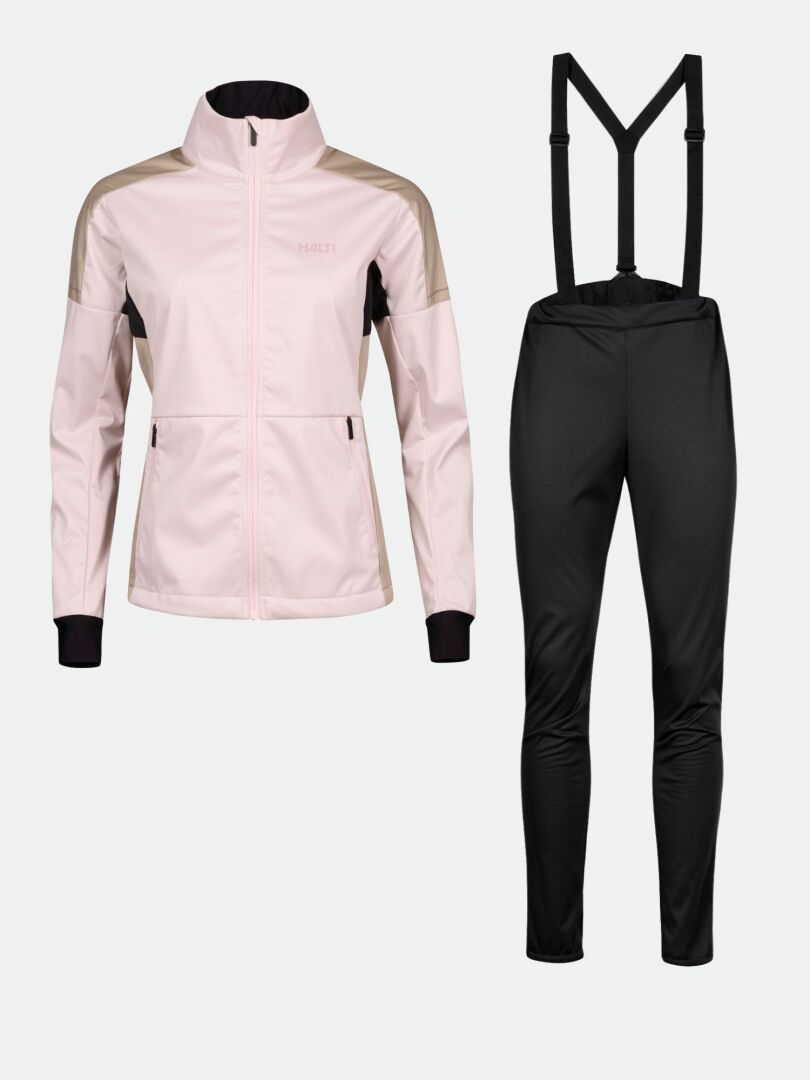 The Halti Huuru XC Set Women's is a light pink and beige softshell with black accents, ideal for winter training.