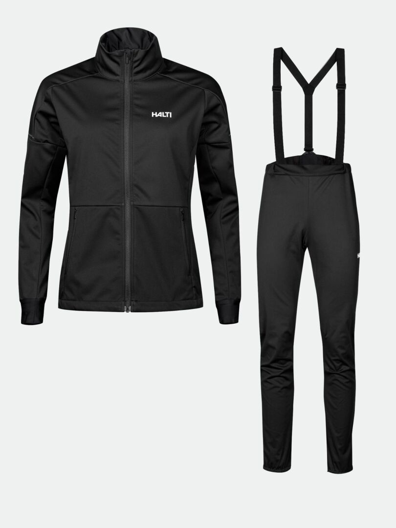Halti Huuru XC Set Women's, a black zip-up softshell, perfect for cross-country skiing or winter training, on plain background.