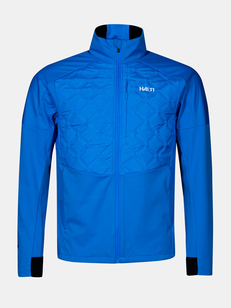 Halti Framover Hybrid XCT Jacket Men’s—blue with quilted chest and high collar, perfect for winter workouts.