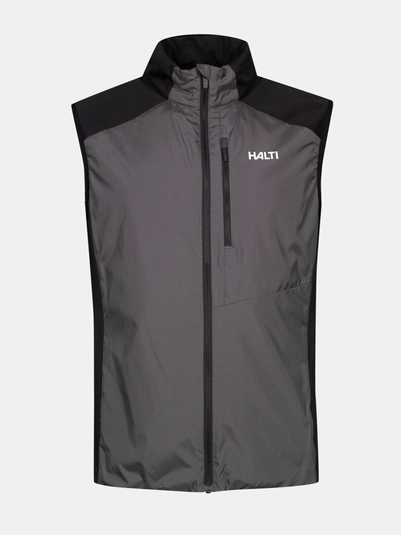 The Halti Framover XCT Vest Unisex is a gray and black windproof winter vest with a high collar and zip chest pocket.