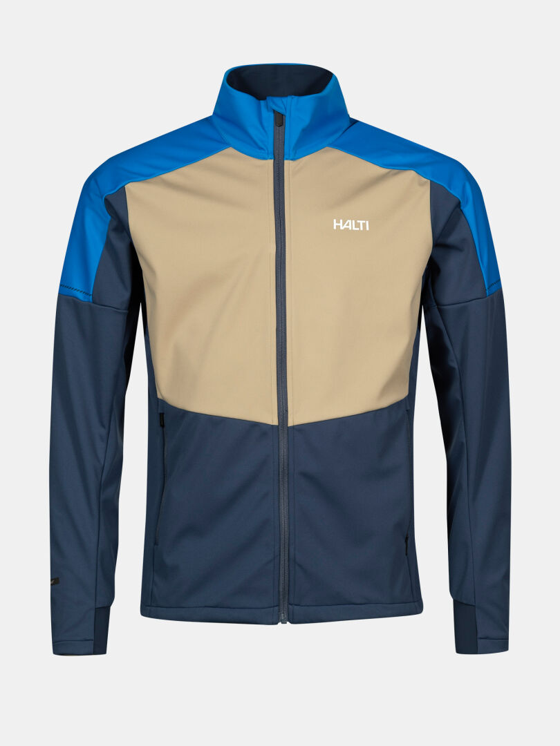 Halti Framover XCT Jacket Men's: beige top, blue sleeves, navy bottom; zip front; recycled fabric; windproof.